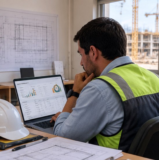 Ingeniero revisando un reporte en su laptop en la oficina de obra