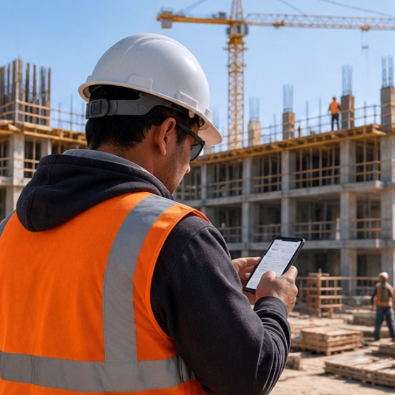 Capataz de obra con casco y chaleco escribiendo en su celular frente a un edificio en construcción